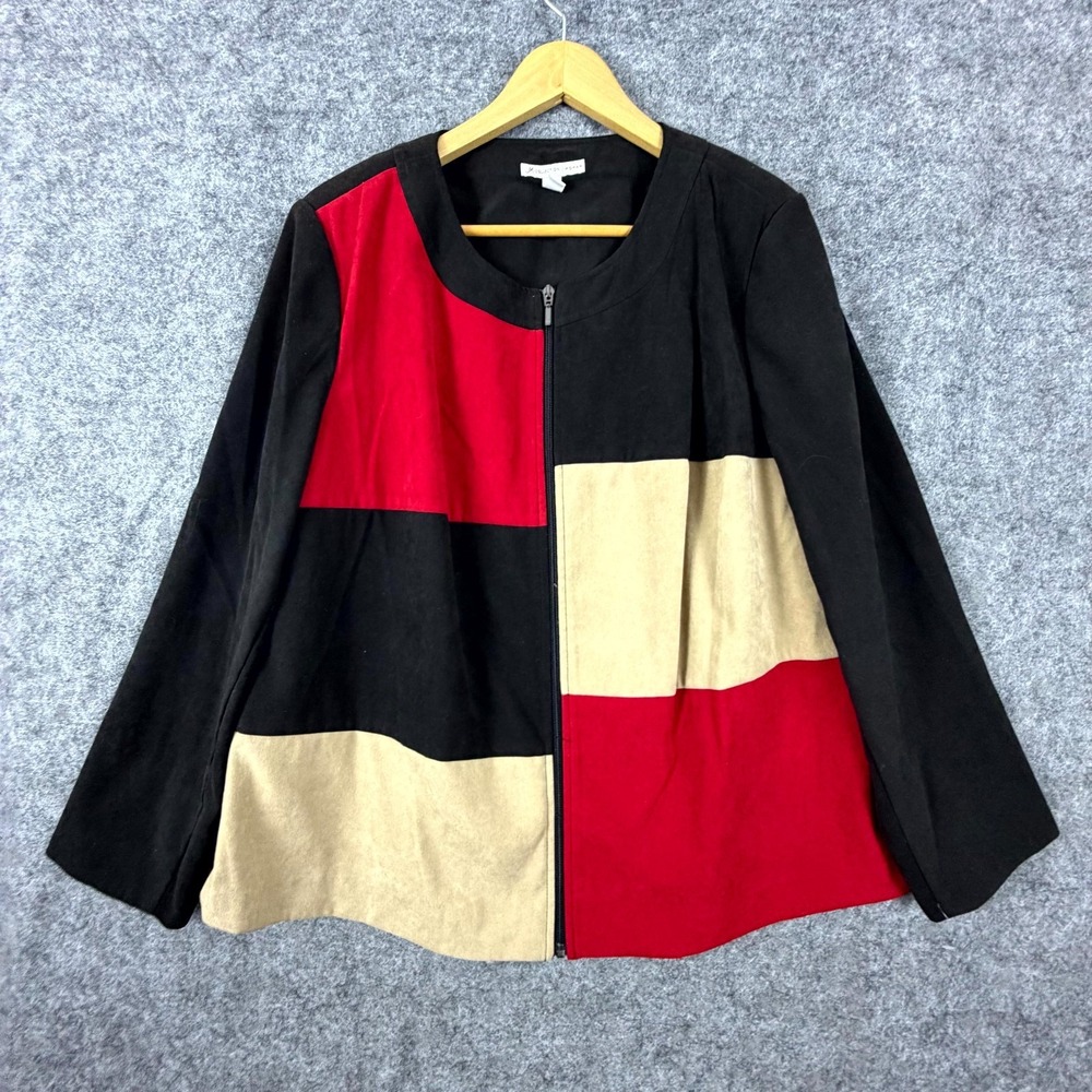 JM Collection Jacket Womens 18W Black Red Beige Bold Colorblock Stretch Full Zip
